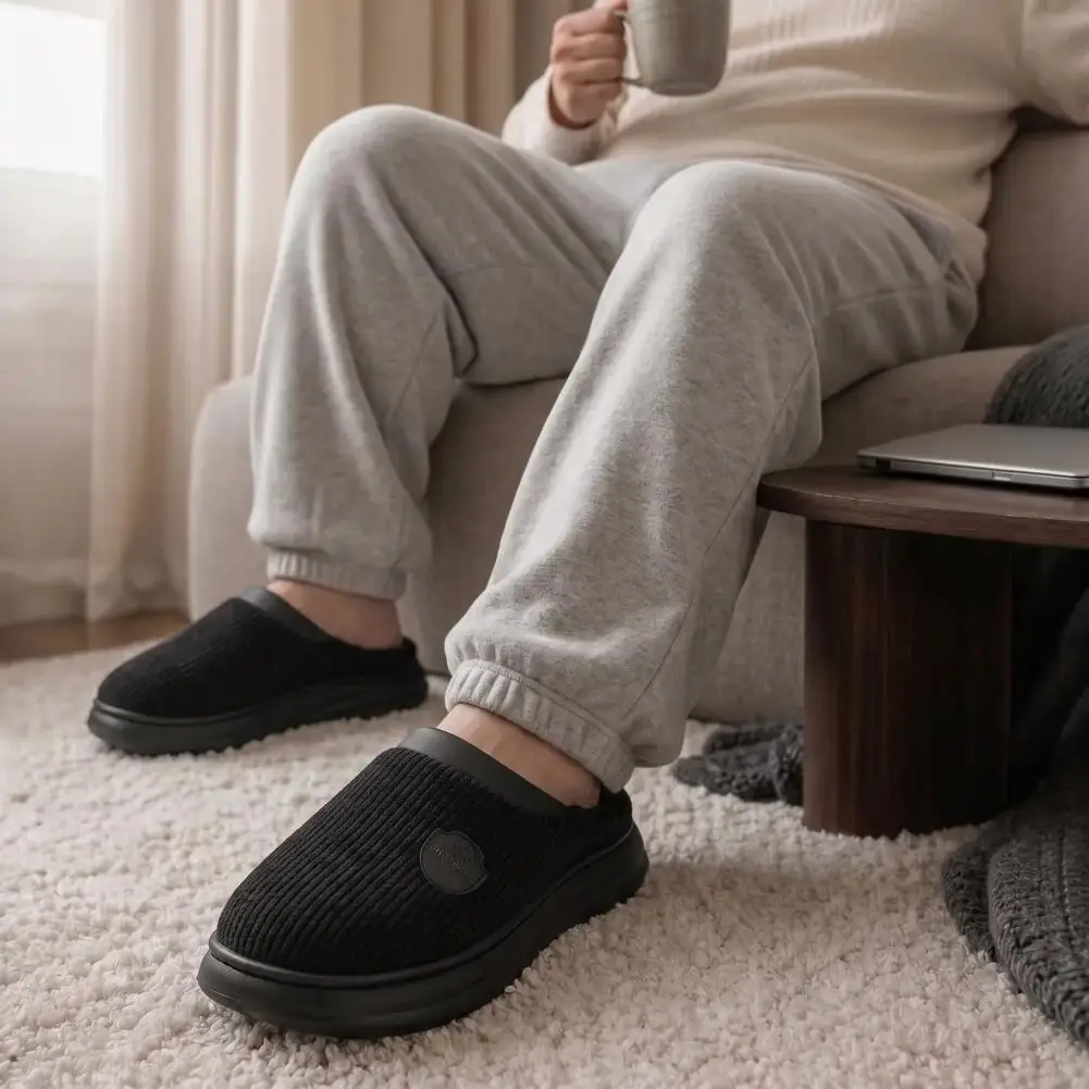 Breit geschnittene Herren-Plattform-Slipper mit Fußgewölbestütze, EVA-Sohle, rutschfest, gestricktes warmes Plüschfutter, bequeme Hausschuhe – Detail 9