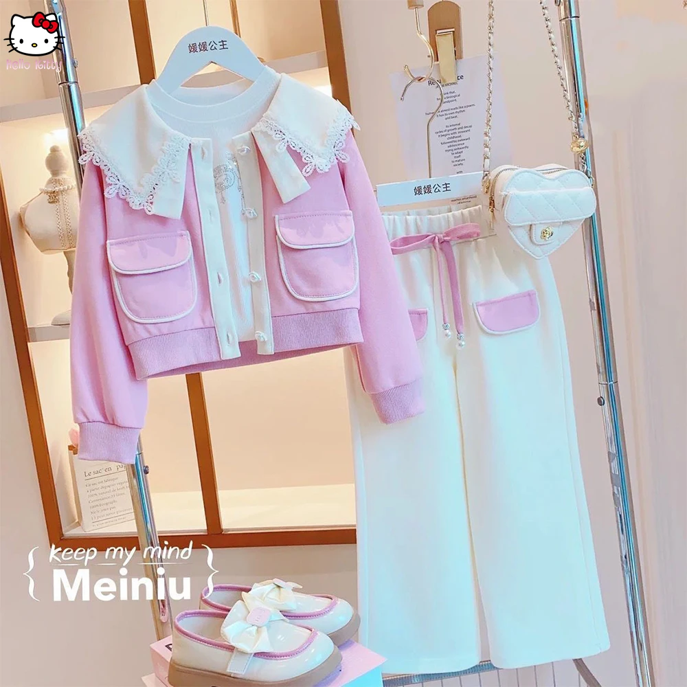 Cinnamoroll Sanrio Girls' Set Anime High-Quality Blue Coat Pants Korean Style Spring Autumn Sweet Girl Princess Fashion Clothing