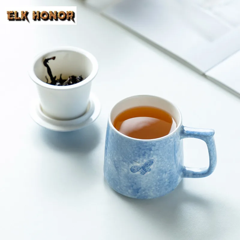 

330ml Pure Hand-painted Fog Blue Butterfly Filter Tea Separator Cup Antique Tea Mug with Infuser Tea Maker Office Water Cup Gift