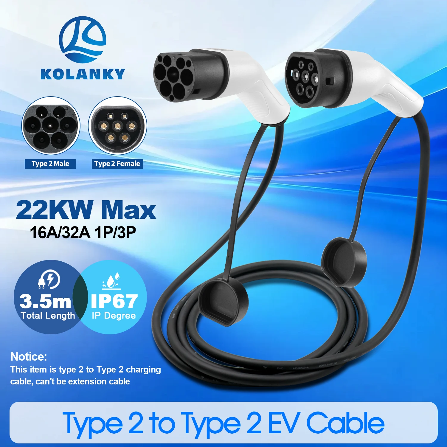 Kolanky EV Charging Cable 32A 7.2KW Type 2 Male  To Type 2 Female EV Charger Connect Public Ac Station Car Charging 3.5M