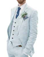 Traje de lino para hombre, chaqueta personalizada de 3 piezas, chaleco y pantalón, conjunto completo de traje de lino Terno para hombre, solapa con muescas, esmoquin informal para boda de verano