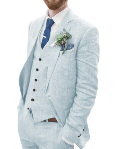 Traje de lino para hombre, chaqueta personalizada de 3 piezas, chaleco y pantalón, conjunto completo de traje de lino Terno para hombre, solapa con muescas, esmoquin informal para boda de verano