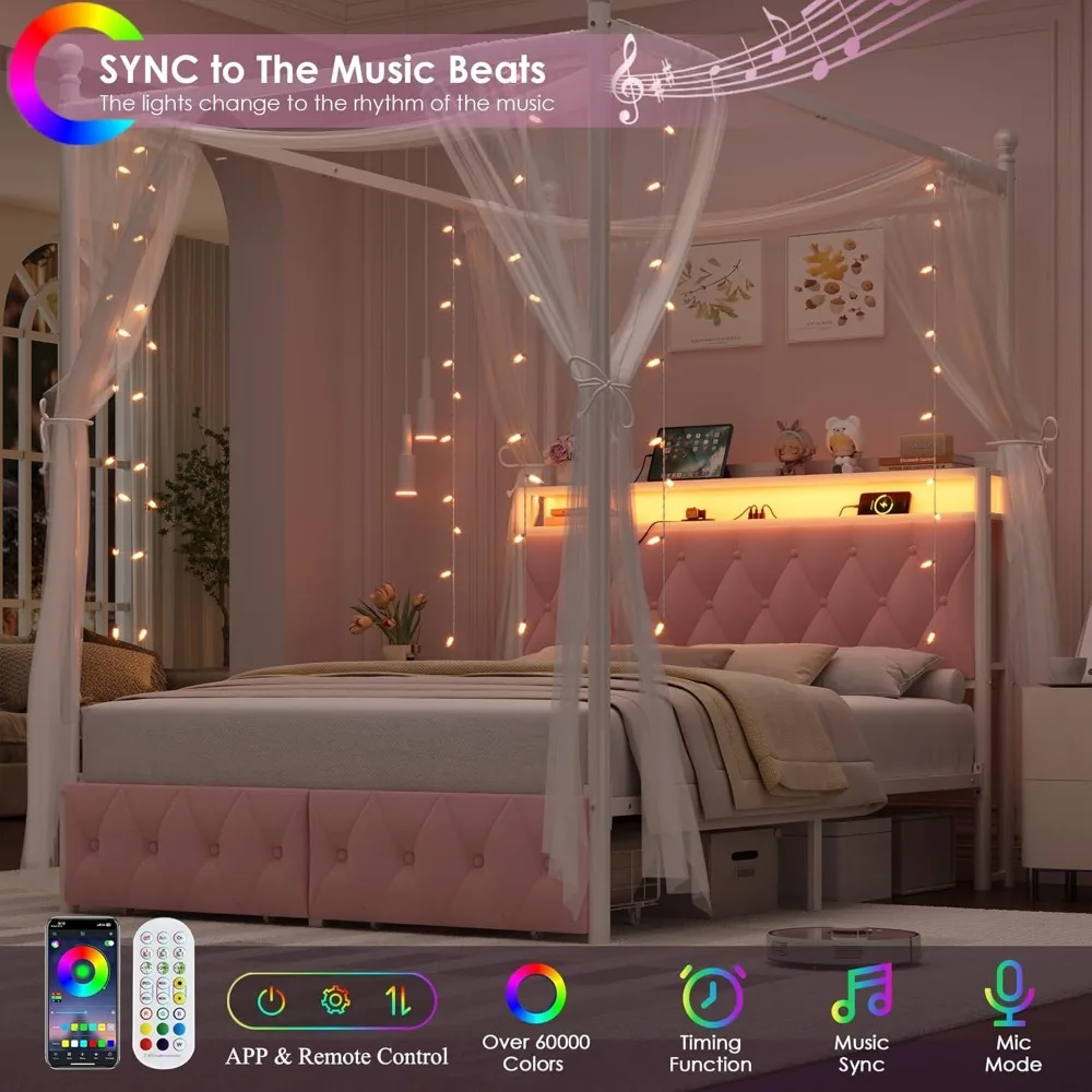 هيكل سرير بمظلة LED منجد بحجم كوين من HIFIT مع محطة تخزين وشحن، لوح رأسي للتخزين معنقدة بأزرار مع كتب