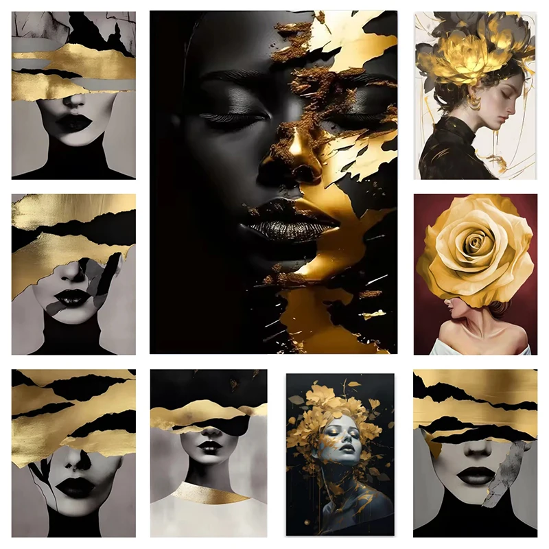 

Gold Black Woman Portrait Canvas Print Art Modern Woman Face Canvas Painting Abstract Poster Wall Art Picture for Home Decor