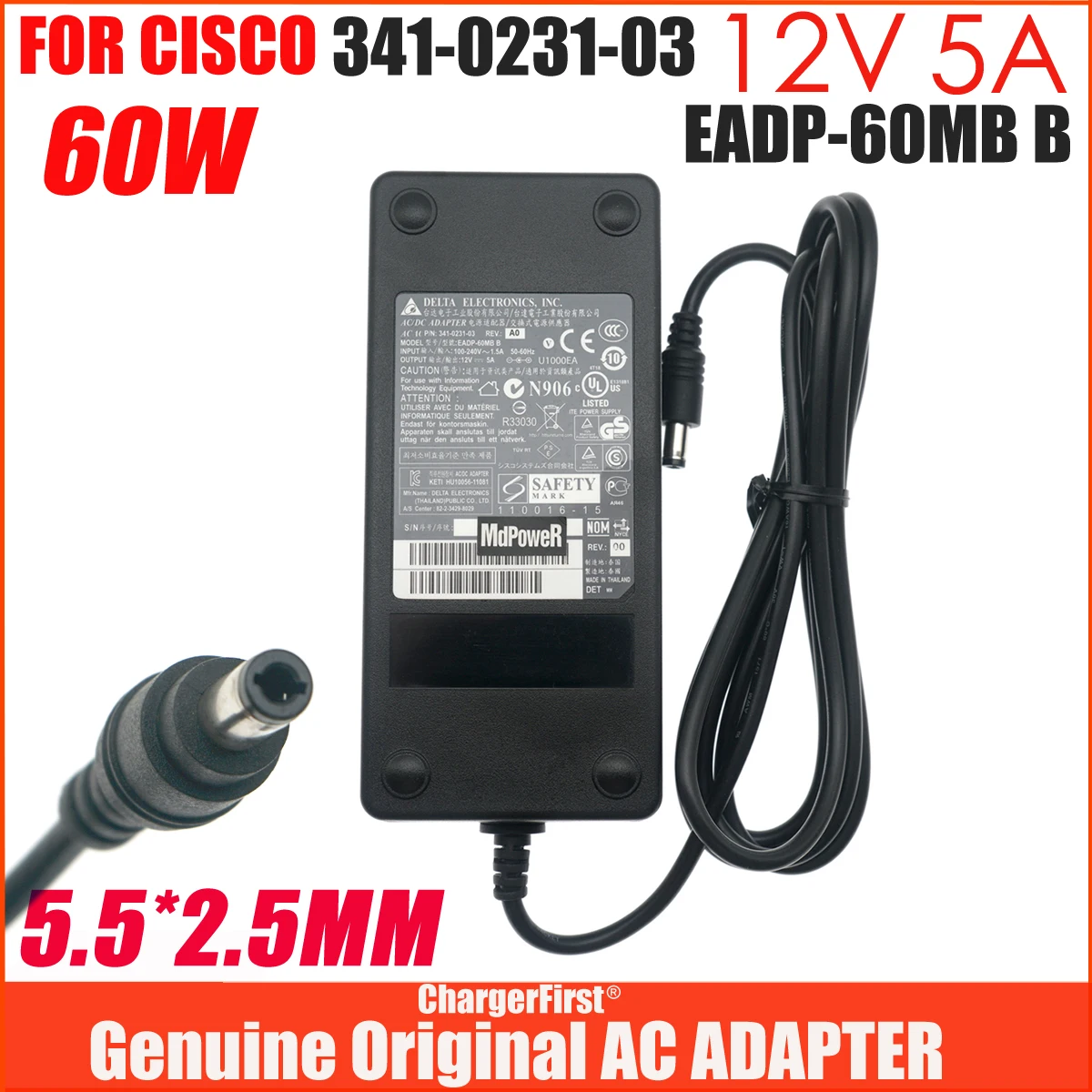 Genuine DELTA EADP-60MB B 12V 5A 60W AC Adapter Charger For CISCO DX70 DX80 341-0231-03 Power Supply OEM 5.5*2.5mm Original