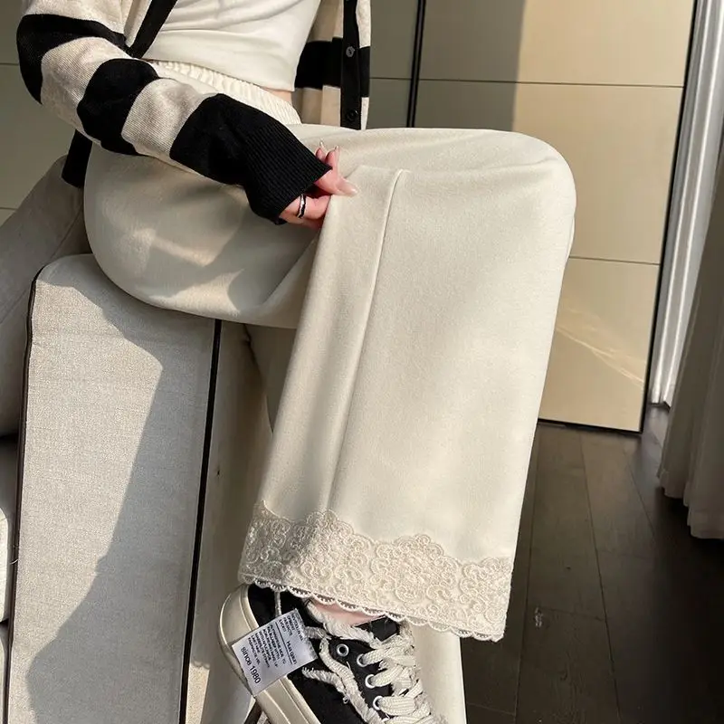 Lace Lace Spliced Wide-leg Pants for Women in Spring High Waist Loose Slim Straight Pants Small Nine-point Guard Pants