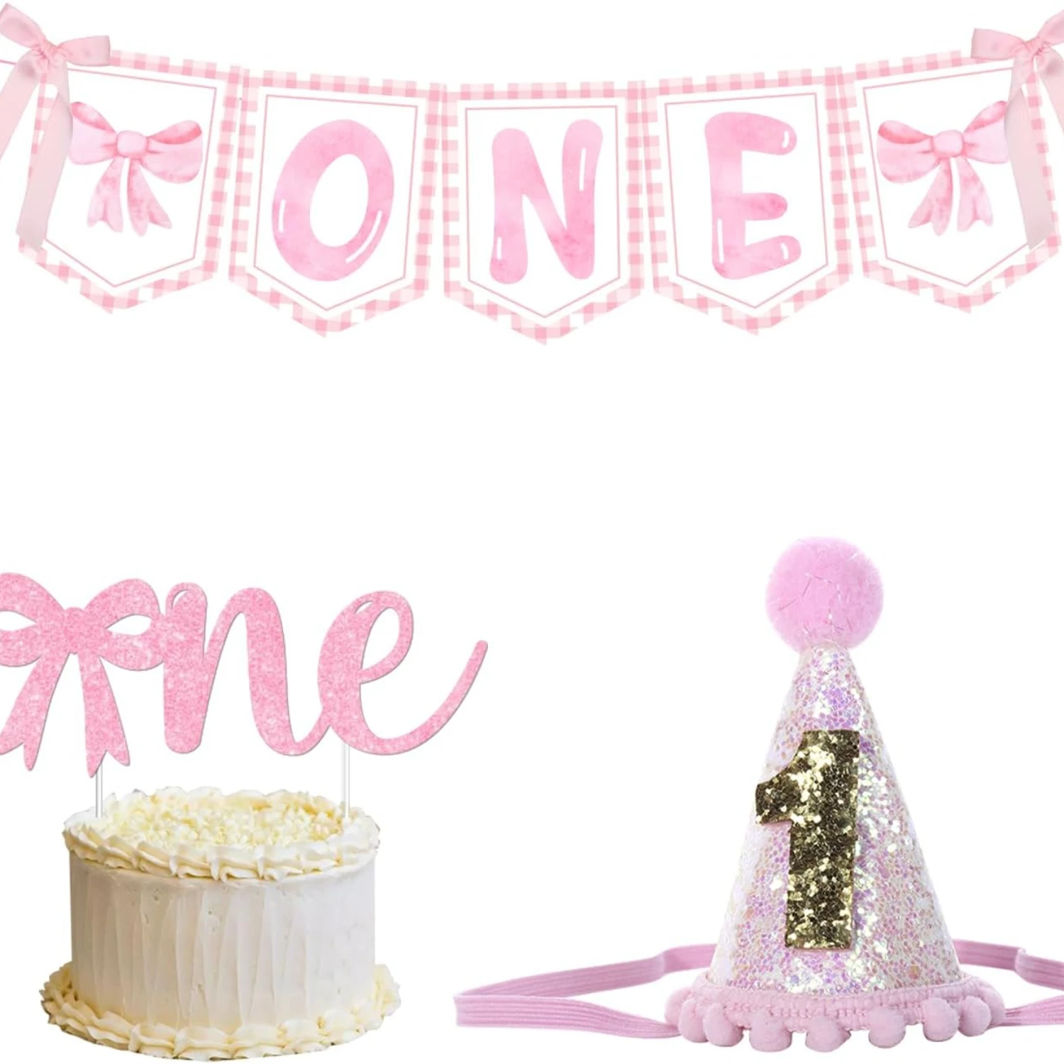 Kreat4joy Pink Bow Themed 1st Birthday Highchair Banner Pink and White Bow Cake Topper Girl 1st Birthday Supplies