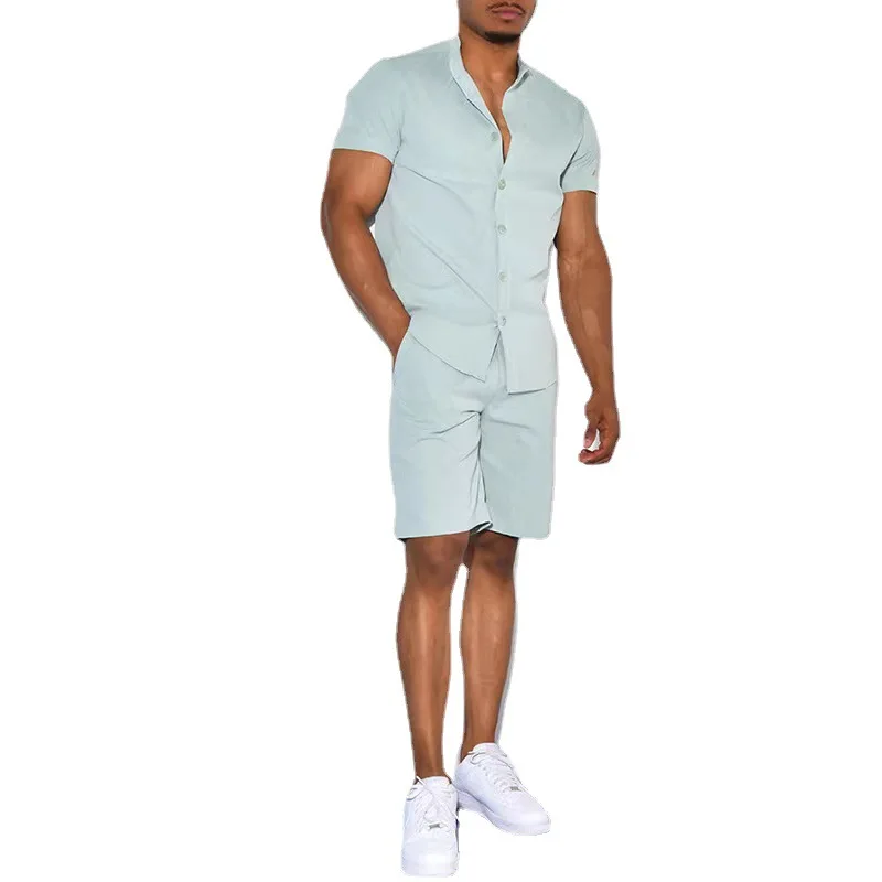 2024 European and American Summer Sports Set Men's Fashion Casual Solid Color Men's Clothing Shirt Short Sleeve Two Piece Set