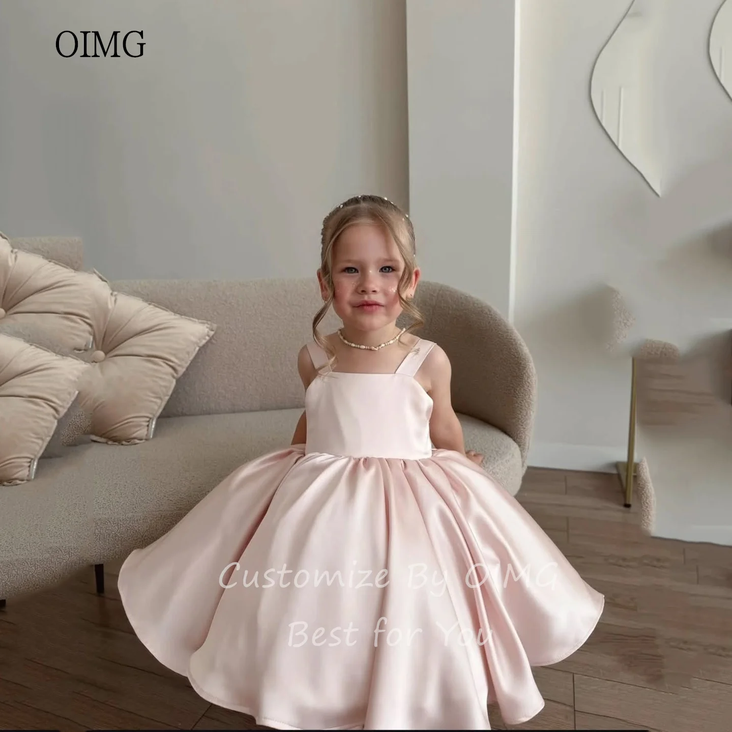 OIMG Cute Pink A Line Flower Girl Dresses Square Neck Bow Back Wedding Party Dress Knee Length Birthday Dress 2025 Customized