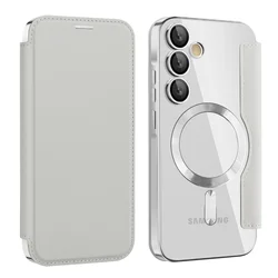 Luxury Flip Leather Card Clip Magnetic Phone Case for Samsung S26 S25 Edge S24 S23 Ultra S22 Plus A55 A35 Clear Wallet Cover