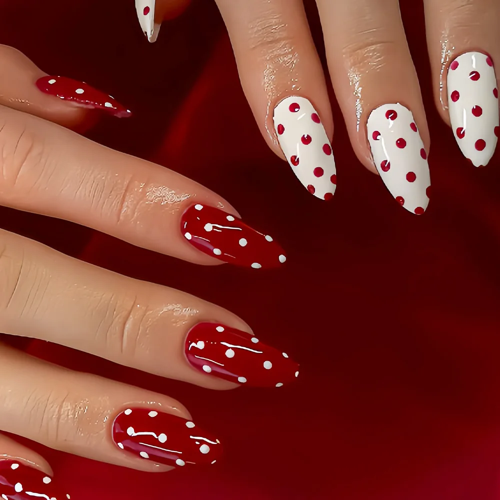 Cross-border hot-selling almond nail red polka dot wearable fake nail hot-selling nail wear nail piece