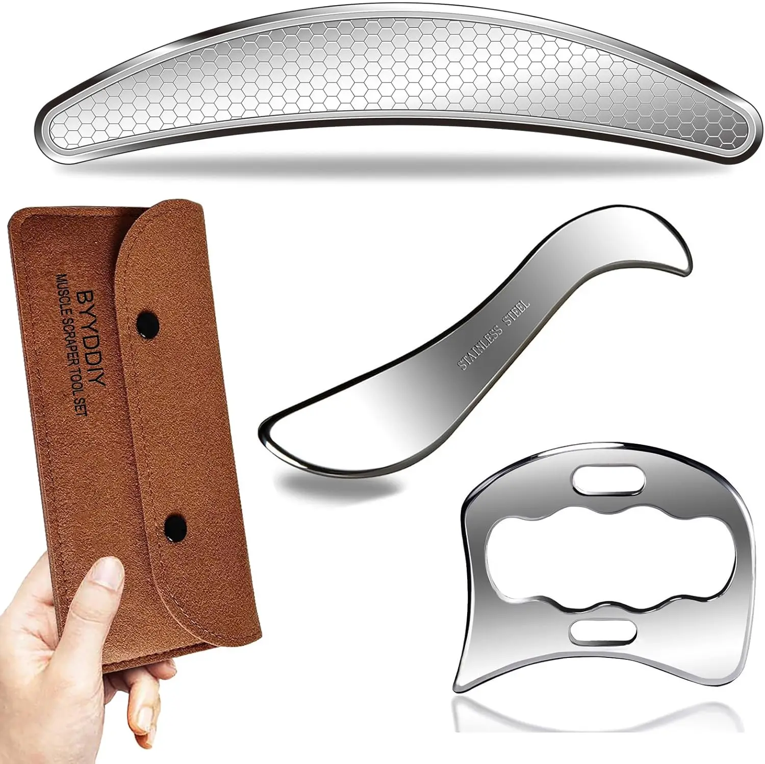 

Набор скребков для мышц из нержавеющей стали 3-в-1, инструменты IASTM для физиотерапии и массажа Гуаша