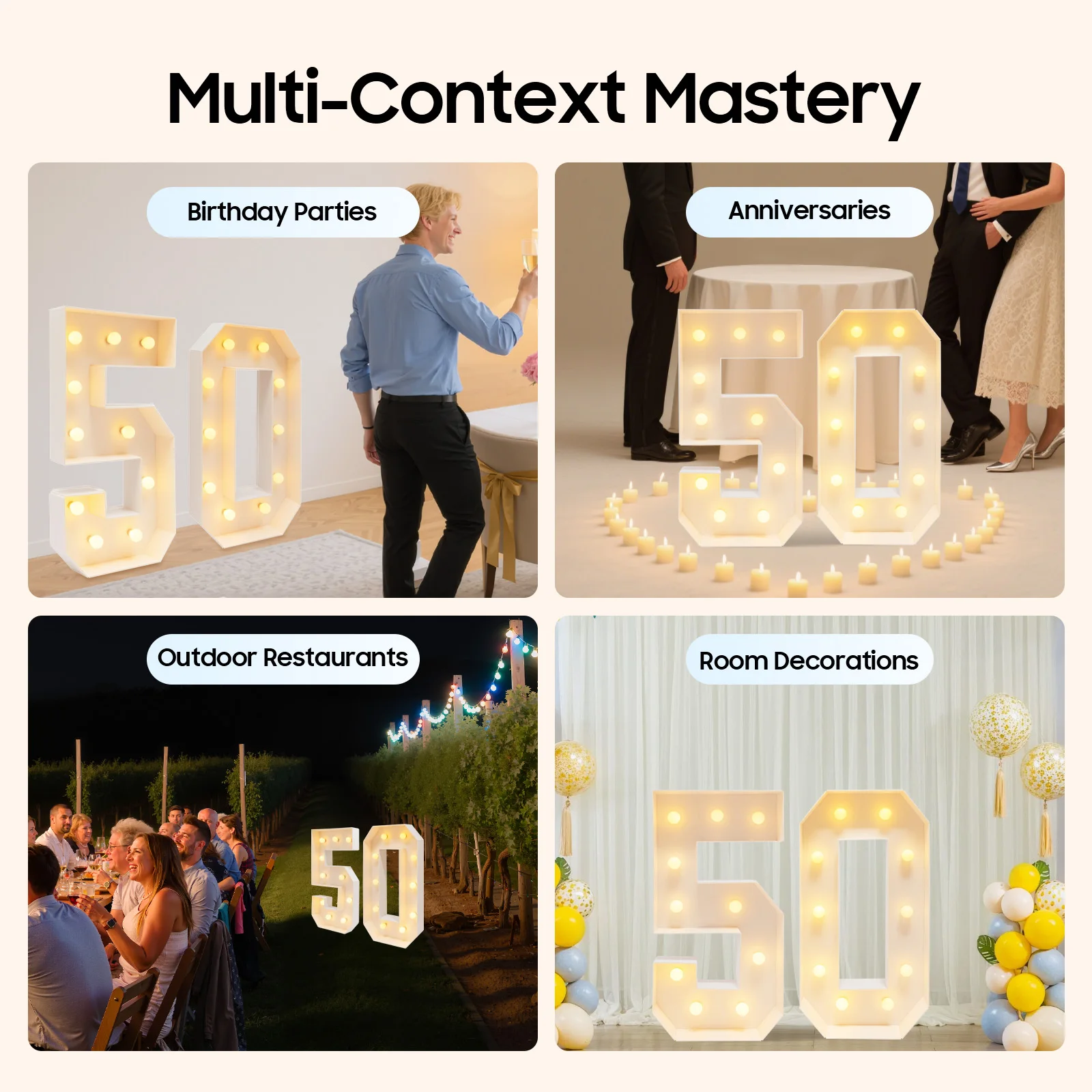 50 رقمًا مضيئةًا، ديكور حفلة عيد الميلاد الخمسين، لوحة KT، ألوان دافئة مقاومة للتآكل 20 * لمبات LED 39.37 بوصة للحفلات