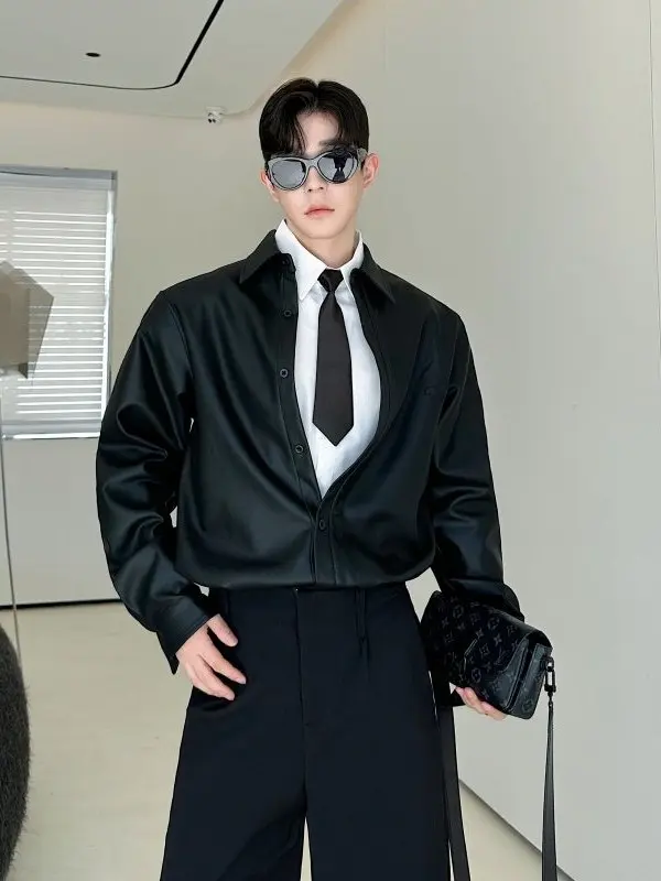 

TANGZ Studio Zhang Linghe Motorcycle Leather irt Loose Simplici Designed Faux Leather Long Sve Commute Suitable Men's ...