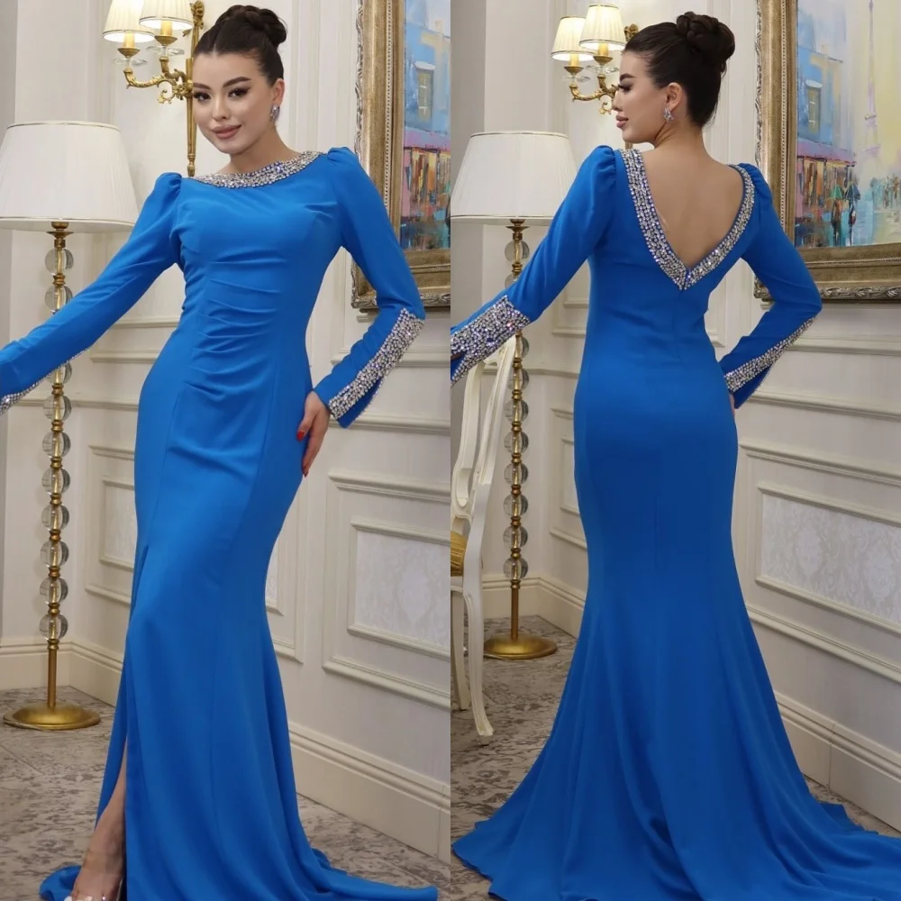 

Customized Pastrol Exquisite Jersey Pleat Beading Sequined Mermaid Scoop Neck Long Dresses Bespoke Occasion Dresses Fashion