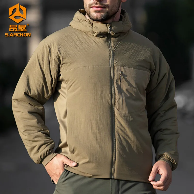 Outdoor Hooded Autumn and Winter Tactical Warm Clothing Men's Windproof Hiking Camping Cold-proof Jacket Filled with Polyester