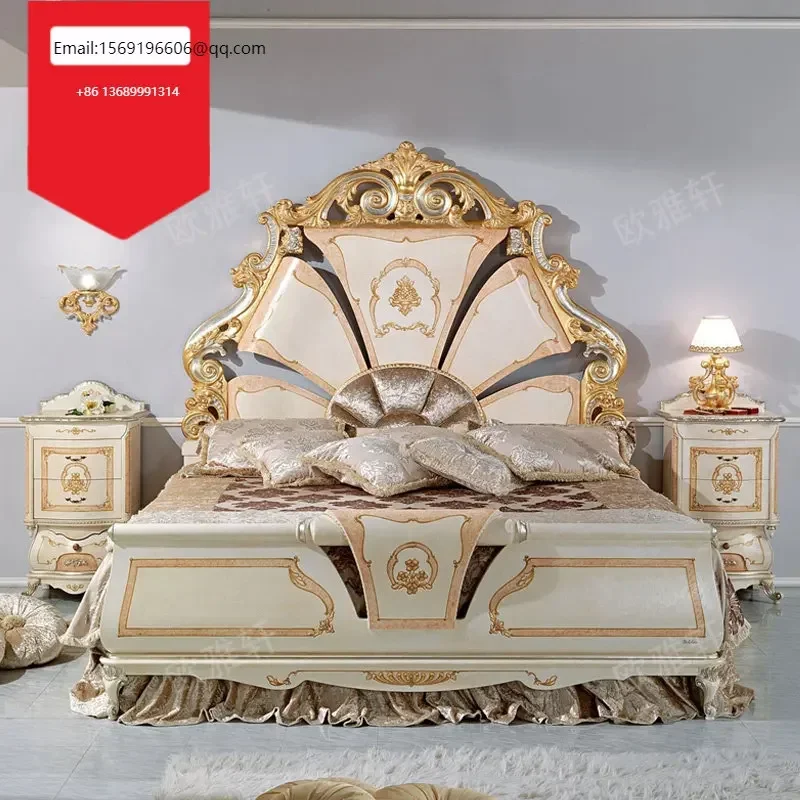 

Custom European solid wood carved double French birch palace painted luxury princess bed