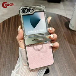 Glitter Diamond Finger Ring Bracket Case for Samsung Galaxy Z Flip 7 6 5 Luxury Leather Hinge Cover for Samsung Z Flip 5 6 7 FE