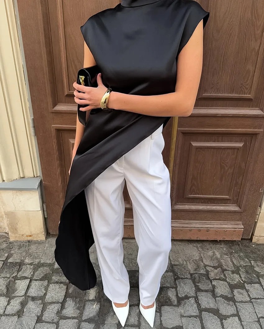 Bkld verão cetim solto gola alta sem mangas vestido preto moda assimétrico vestido casual festa clubwear roupas para mulher