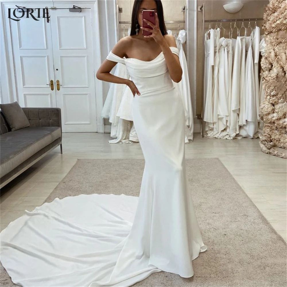 LORIE Mermaid Elegant Wedding Dresses Off Shoulder Ruched Elastic Satin Bridal Gowns Backless Brush Train Beach Bride Dress 2023