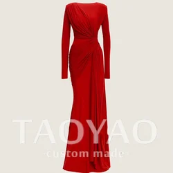 Red Satin Floor Length Sweep Train Solid Color Special Occasion Gowns customized Party Dress Straight Long Sleeves Boat Neck
