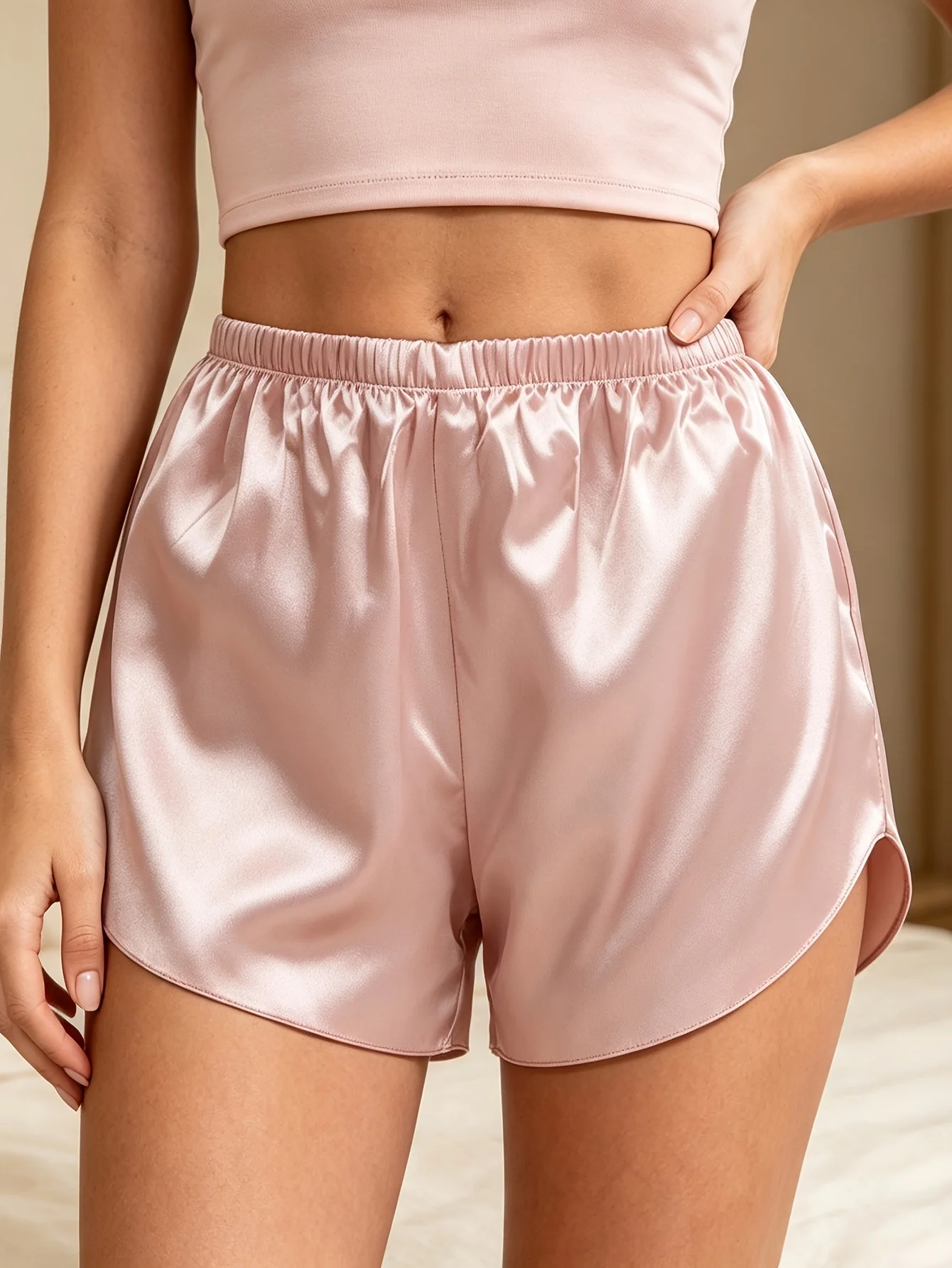 Satin Can Be Worn Externally. 1-Piece Set of Sweet, Solid Pink Versatile Short Pajama Pants for Women, Thin and Loose-Fitting Shorts for Summer, Suitable for Everyday Shopping or Casual Wear