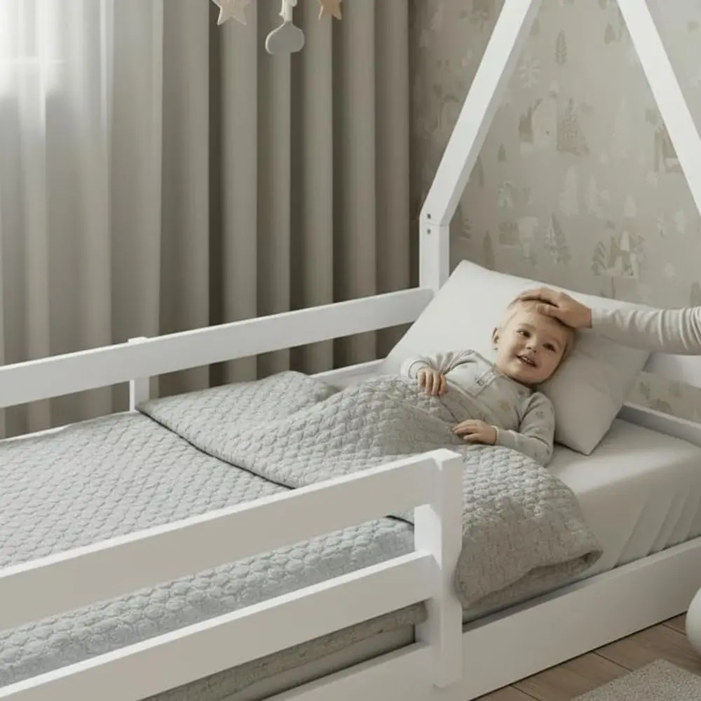 Montessori Toddler Solid Wood Floor Bed, White Painted House Frame