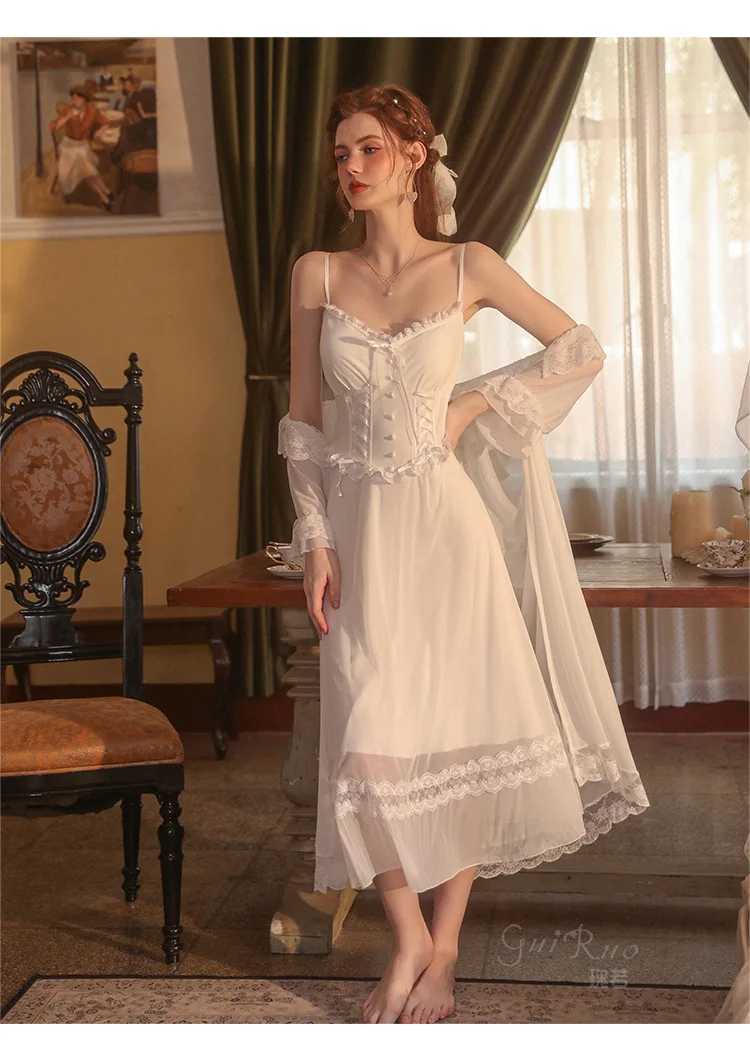 

GB50041 Pajama Women Sexy Court Princess Style Lace Waist Show Slim Slim Sling Pajama Dress inlcude dress and long robe