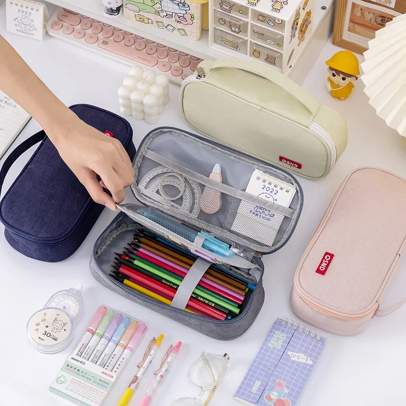 New Solid Color Simple Portable Multi-Layer Stationery Storage Bag Thickened Multi-Functional Pencil Cases Bag