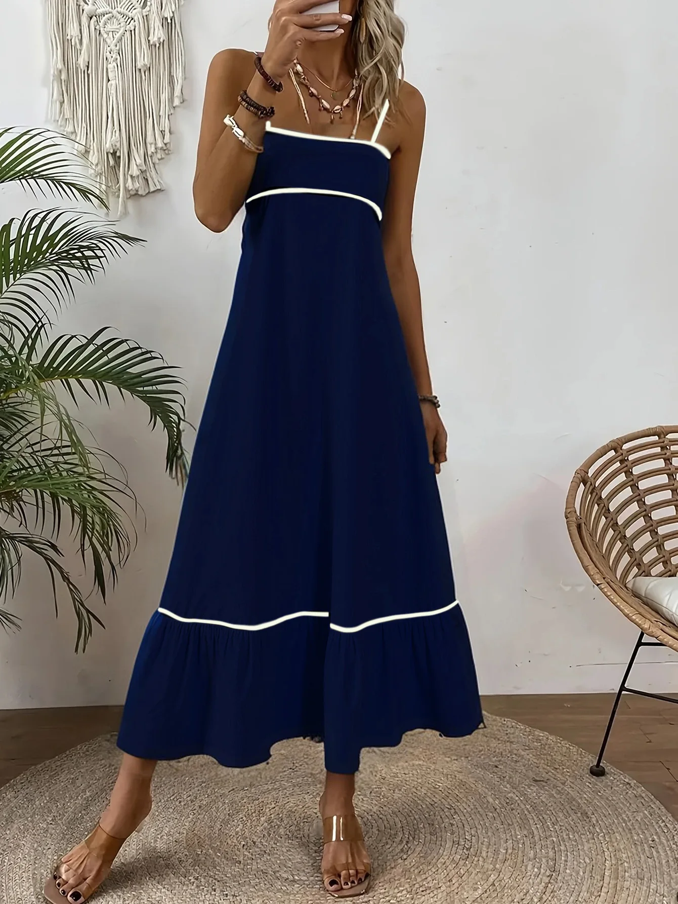 

Summer New Suspender Dress For Women Fashion Loose Backless Lace Up Solid Color Splicing Long Dress Elegant Lady Commuter Dress