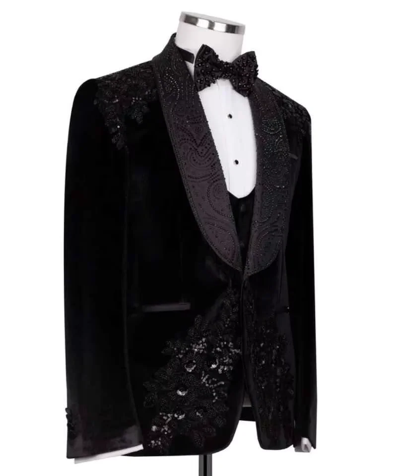 Luxury Black Men's 2 Piece Tuxedo Set with Customized One-Button Slim Fit Lapel Jewelry Decoration for Wedding Groom