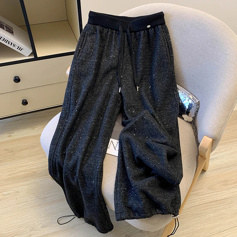 

Heavy Du Rhinestone Patchwork Dstring Elastic Waist Sweatpants Women's Autumn Winter New Thiened Loose Knife Pants