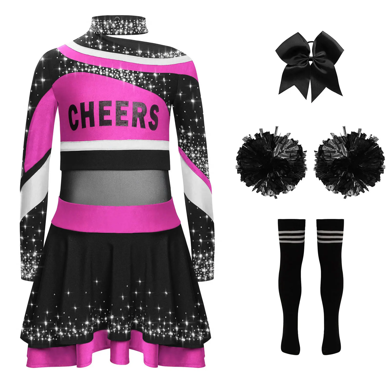Girls Cheerleading Uniform High School Shiny Rhinestones Cheerleader Costume Complete Outfit for Halloween Party Dance Costume