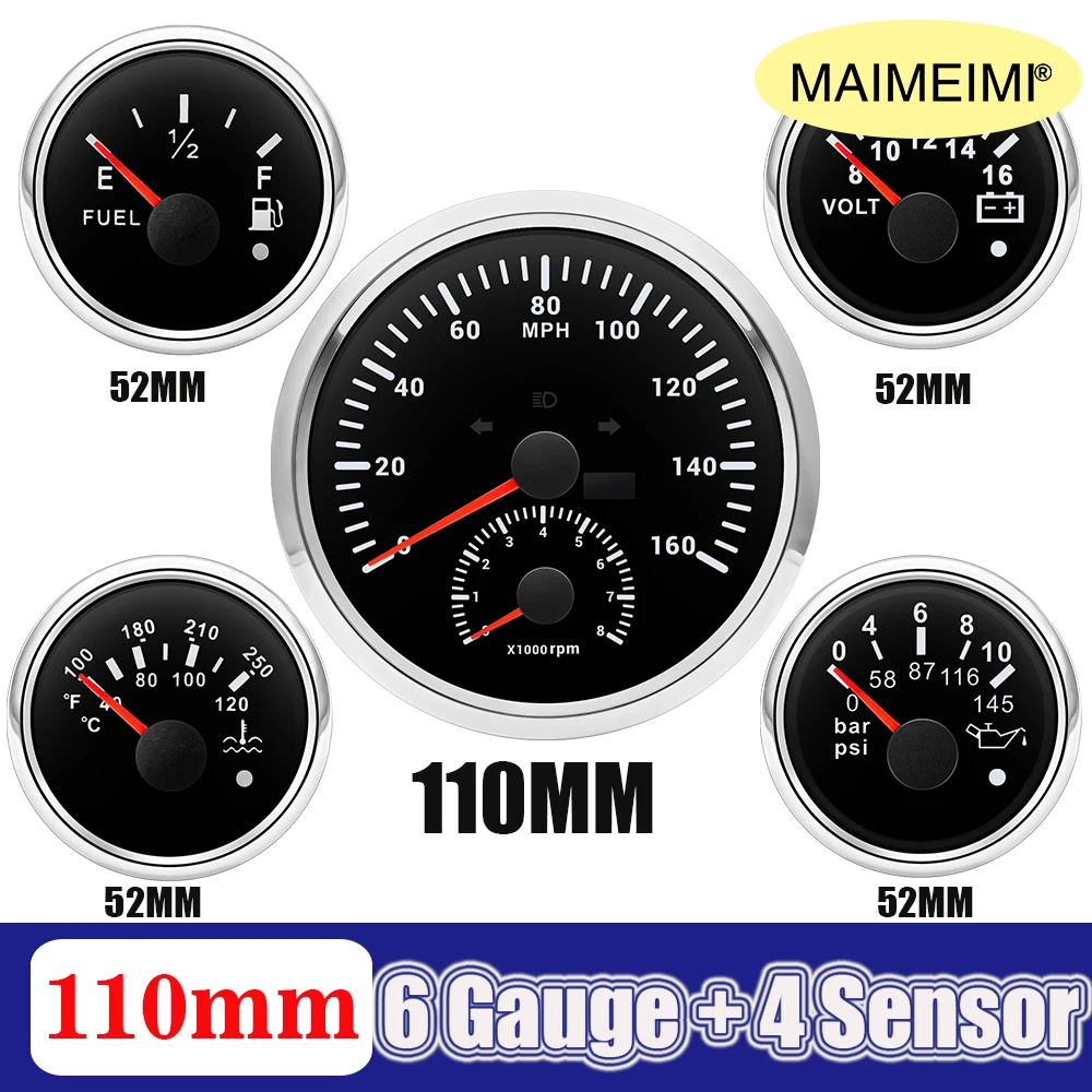 

110mm Car 5 Gauge Set With Sensor 0-160MPH GPS Speedometer 52mm Fuel Level+Water temp+Oil press+Volt Multi 0~8000rpm Tachometer