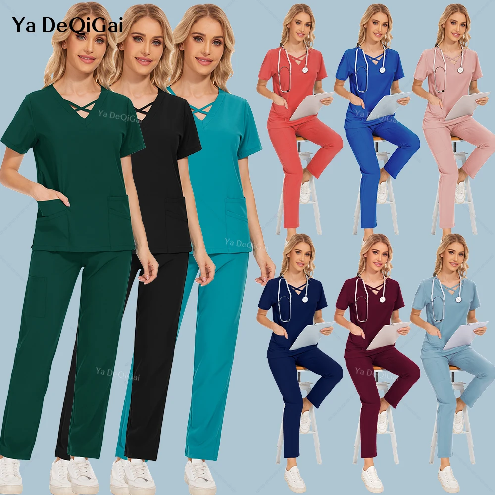 Medical Pocket Tops Straight Pants Scrubs Women Set Nursing Uniforms Beauty Salon Doctor Nurse Clinical Workwear