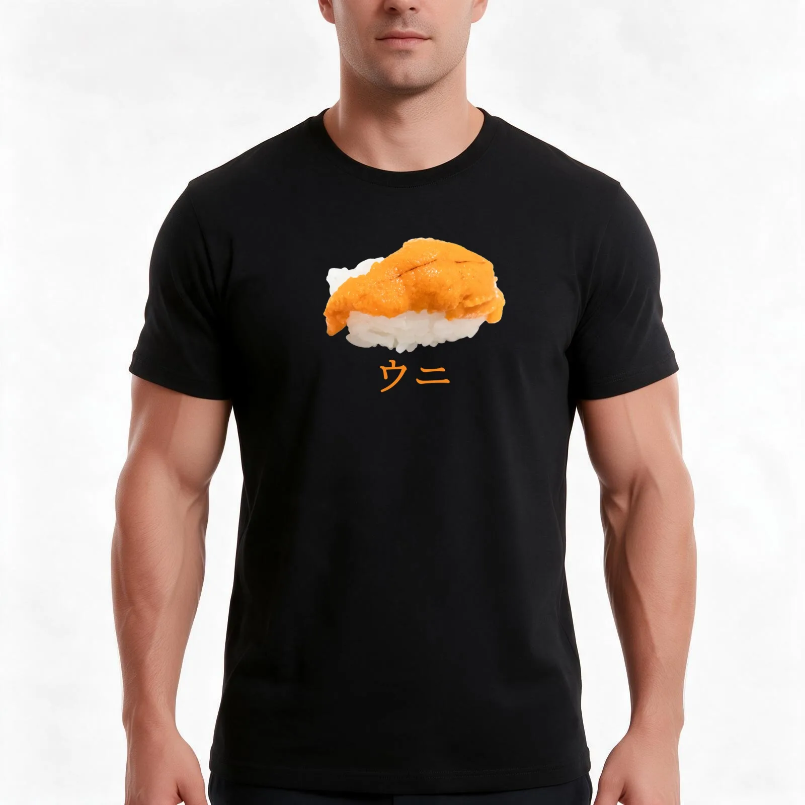 Sea Urchin Uni ウニ Nigiri Sushi Photo Japanese Katakana Writing T-Shirt, Summer Casual Cotton Tee, Oversized Streetwear Tops