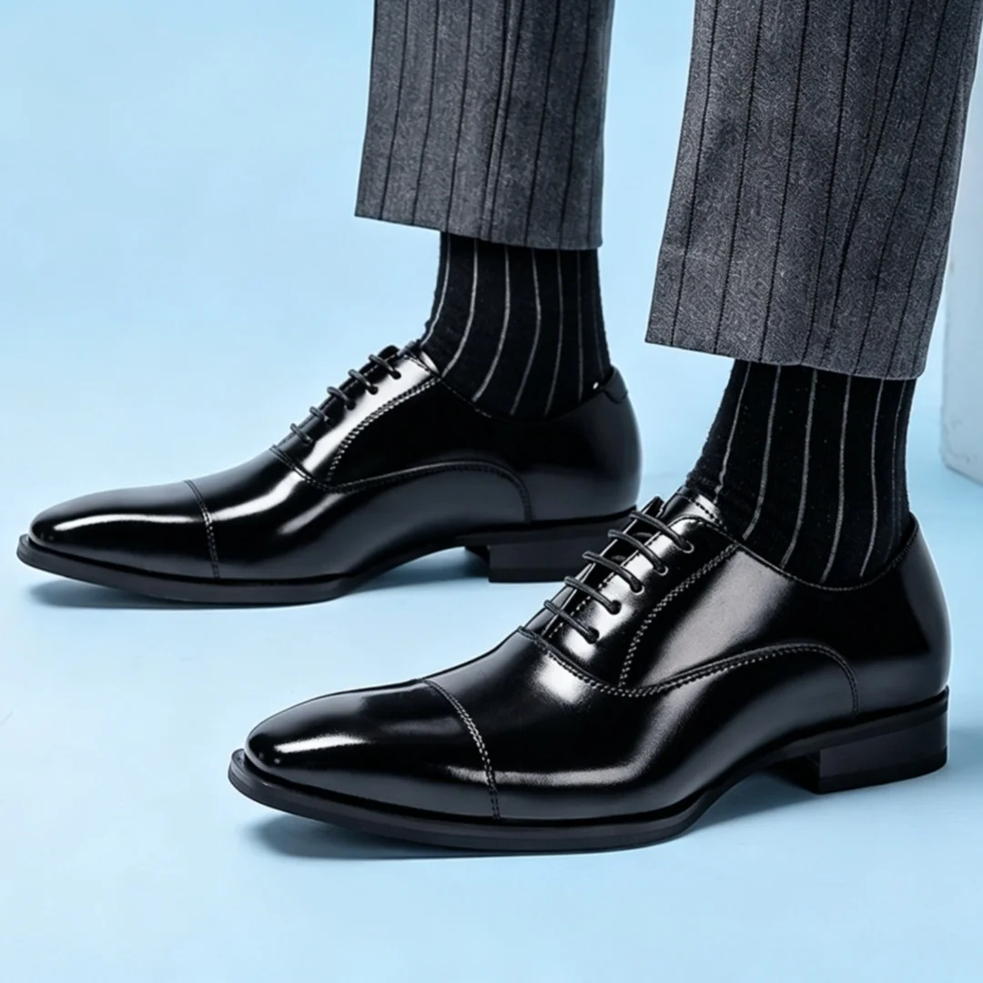Black Brown Men's Leather Business Shoes Lace-Up Formal Wedding Commuter Chunky Low Heels Three-Piece Square Toe Men's Flats New