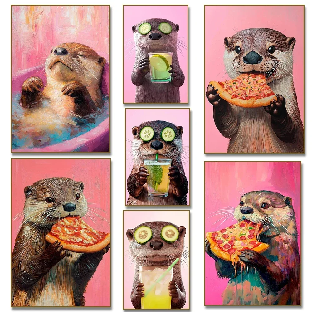 1pc frameless Canvas Painting 1pc frameless Canvas Painting Cute Otter Drink Cocktail Eating Pizza Canvas Painting Print Animal