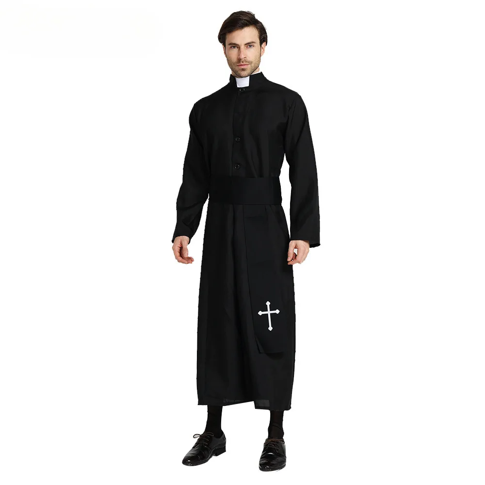 Costume de Prêtre Noble Noir pour Homme, Cosplay d'Halloween, Pasteur Religieux, Père, ixde Pourim, Robe de Barrage de Mardi Gras