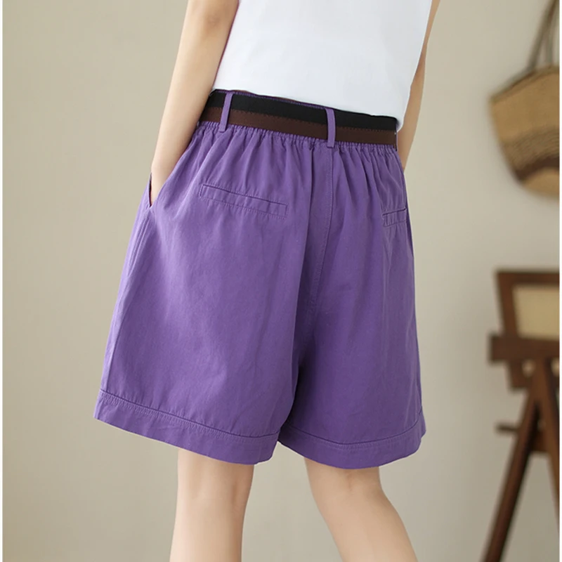 Pantalones cortos holgados de pierna ancha para mujer, Bermudas informales de talla grande con cinturón, cintura elástica, color negro, morado y verde