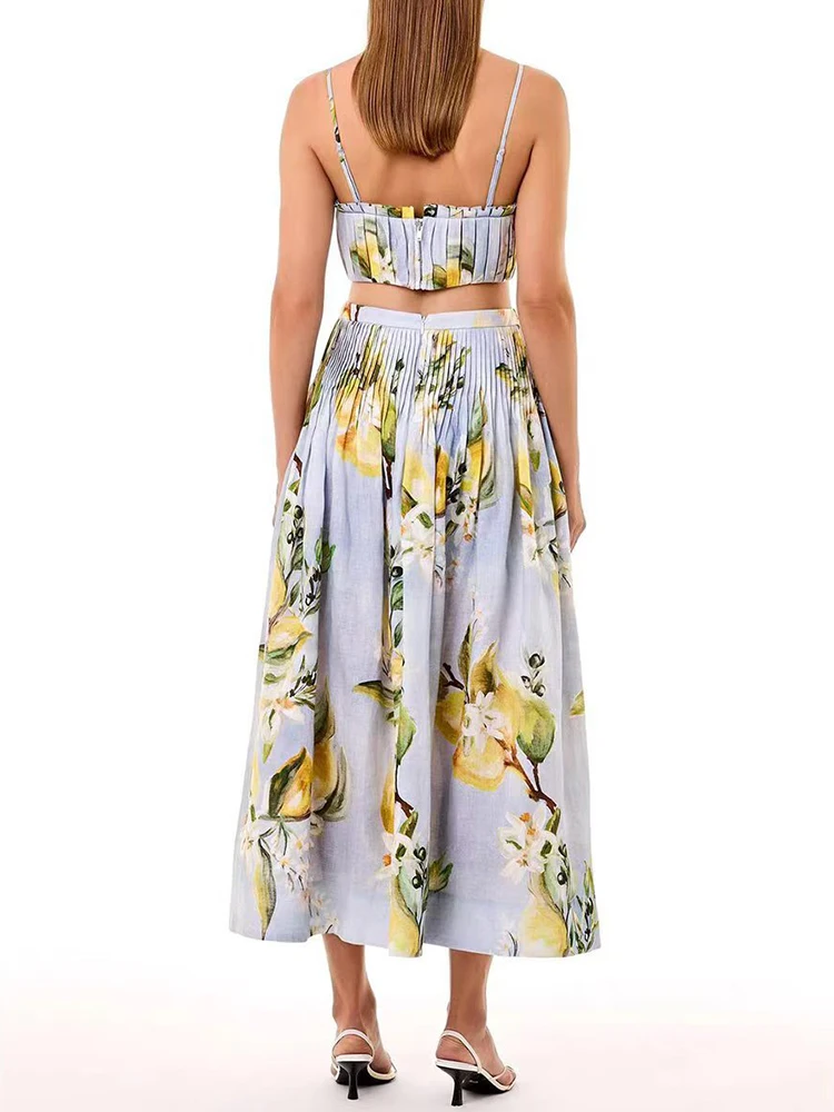 Retro printed pleated short strapless camisole top two-piece set for 2026 summer women's wear+loose pleated skirt fashion set