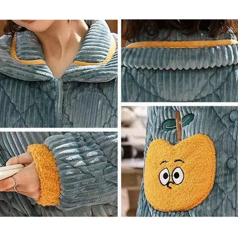 Women Coral Fleece Winter Pajamas Girls Thickened Velvet Cotton Loungewear Ladies Embroidered Three-layer Warm Sleepwear Suit