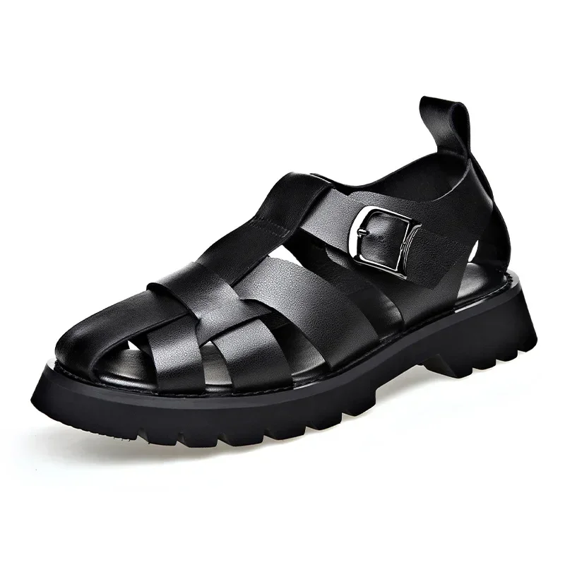 Big Size Cow Leather Roman Sandals for Men 2024 Summer Designer Hallow Out Platform Shoes Male Fashion Casual Black Sandals Man