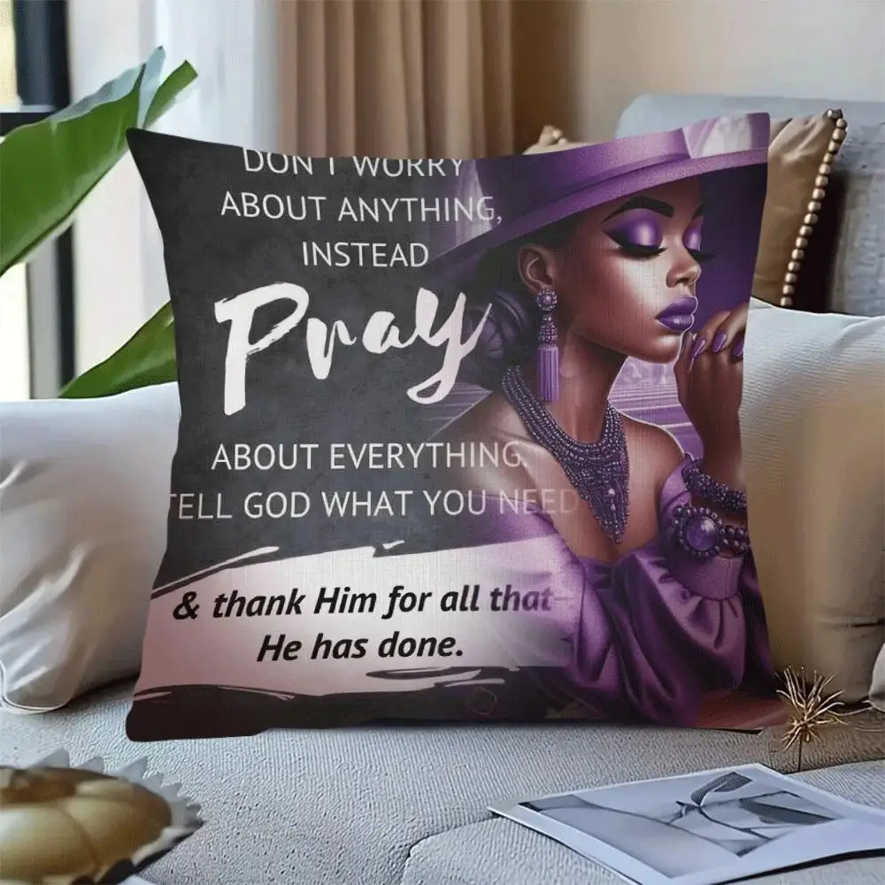 1pc Modern Cushion Cover, Purple Black Inspirational Prayer Pattern, Home Decor for All Rooms, No Filling Insert