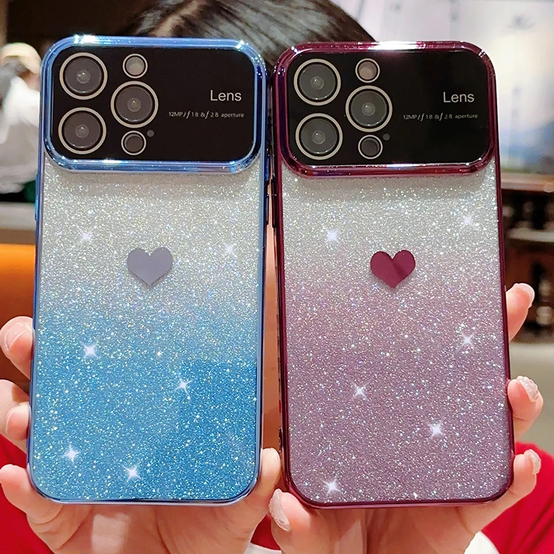 Glitter Luxury Gradient Love Case for iPhone 16 15 Plus 14 Pro 13 Pro 12 11 ProMax Quakeproof Electroplate Half-wrapped Cover