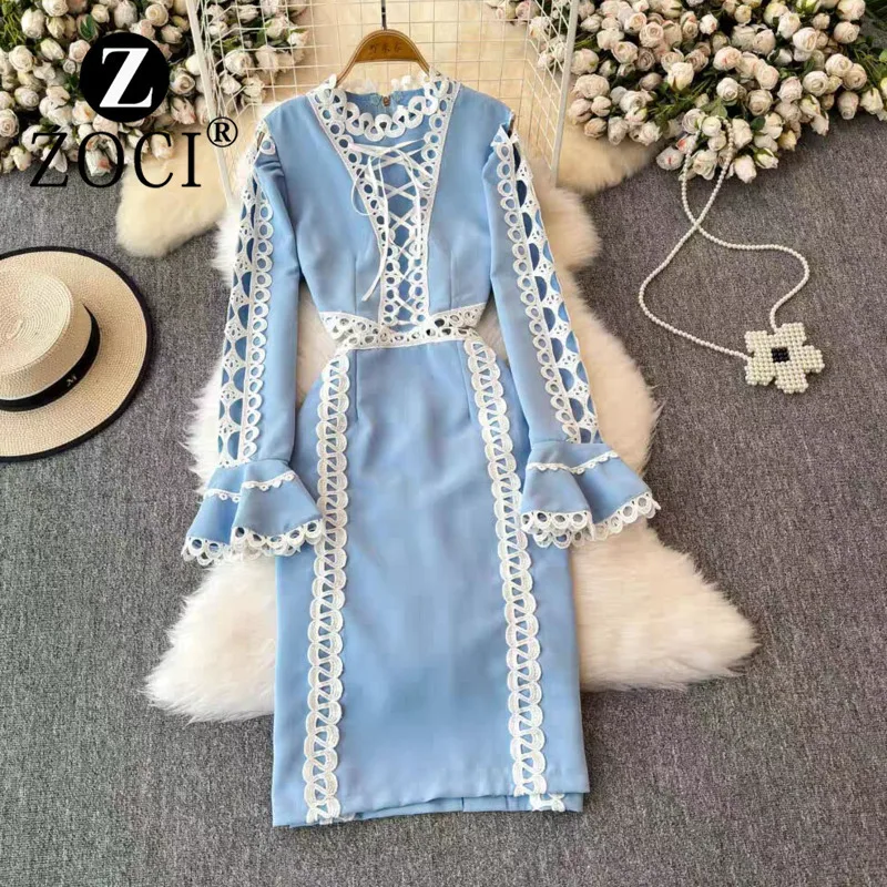 [ZOCI] Temperament Dress Female Design Sense, Hollowed Out Lace Splicing Horn Long Sleeved Waist Suit Skirt