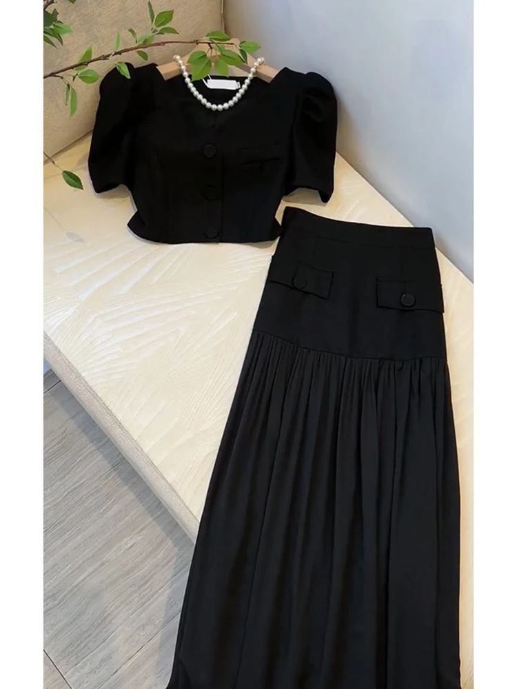 French Small Fragrance 2 Piece Sets Women Single Breasted Top Pleated Long Skirt Set Korean Elegant Fashion OL Two Piece Suits