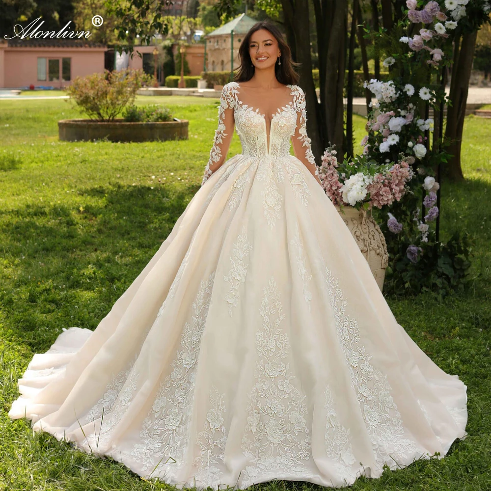 

Alonlivn Uniquisite Lace Ball Gown Wedding Dresses Novias Full Sleeves Court Train Floral Prints Scoop Bridal Gowns