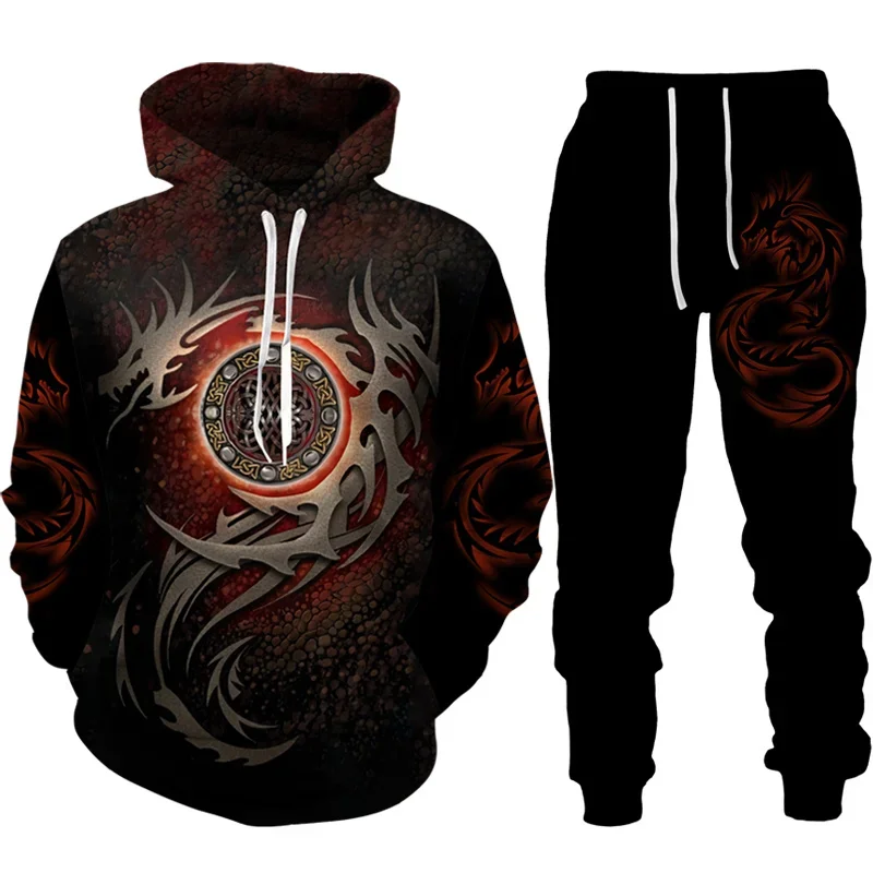 Ensemble de survêtement imprimé 3D tatouage dragon rétro pour hommes et femmes, sweat à capuche et pantalon décontractés, sweat-shirt respirant, vêtements de mode, 2 pièces