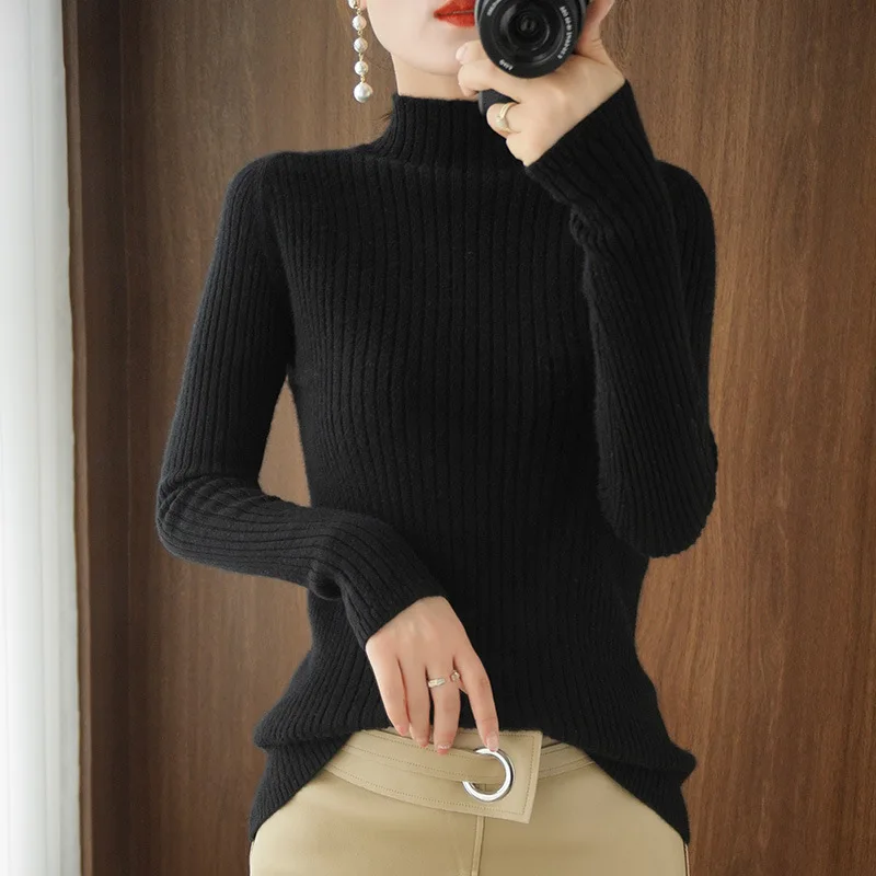 Half Turtleneck Sweater Women Autumn Winter Elegant Solid Color Stretch Slimming Pullovers Thicken Warm Soft Comfortable Jumpers